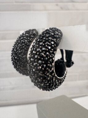 Vintage St. John Earrings Japanned Clip on  Black Rhinestones signed
